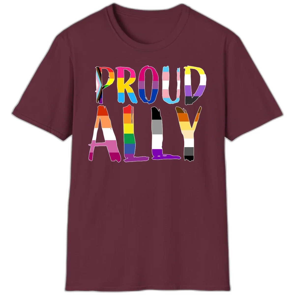 Colorful block letters spelling PROUD filled with rainbow pride flag stripes and patterns including trans and progress pride designs in Maroon