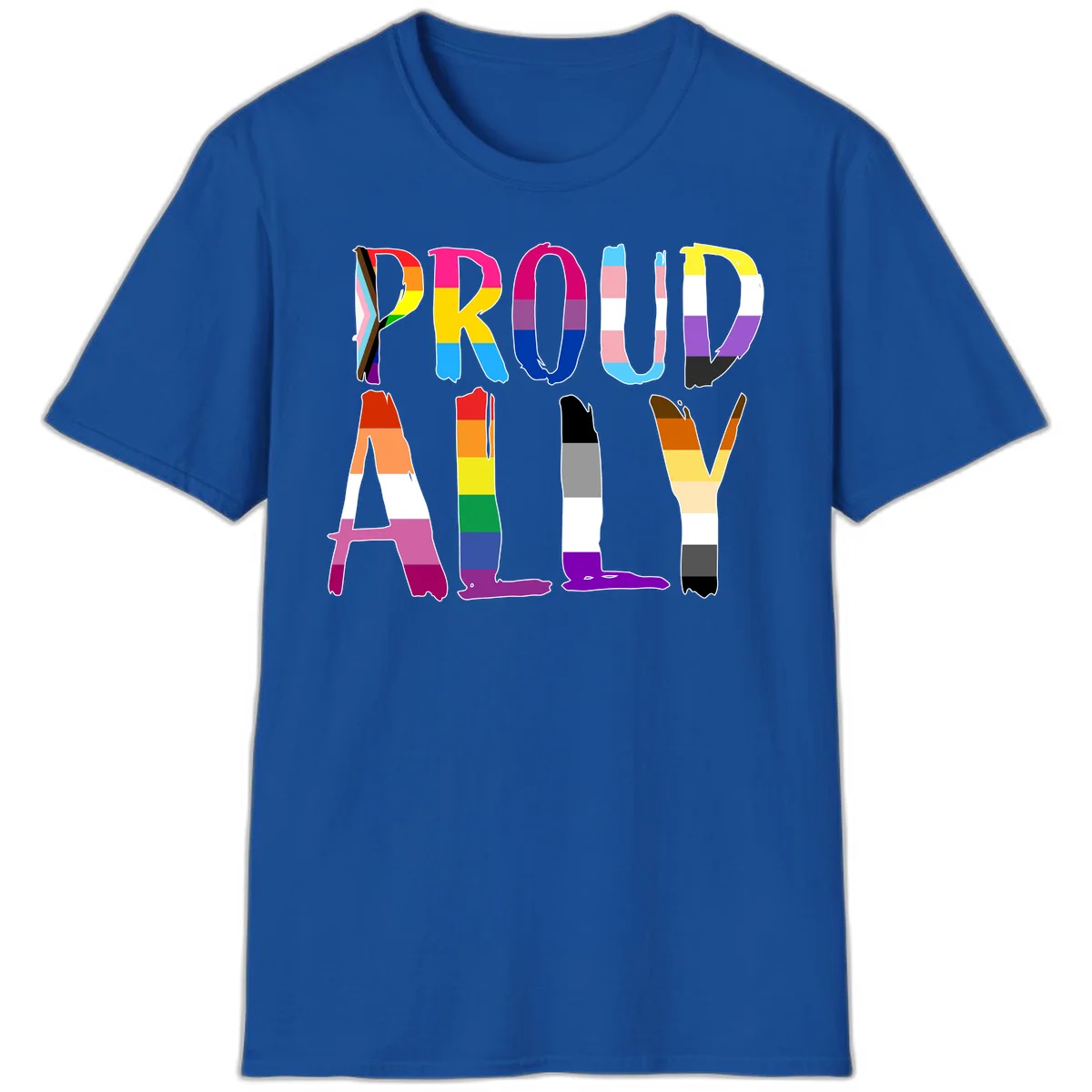Colorful block letters spelling PROUD filled with rainbow pride flag stripes and patterns including trans and progress pride designs in Royal
