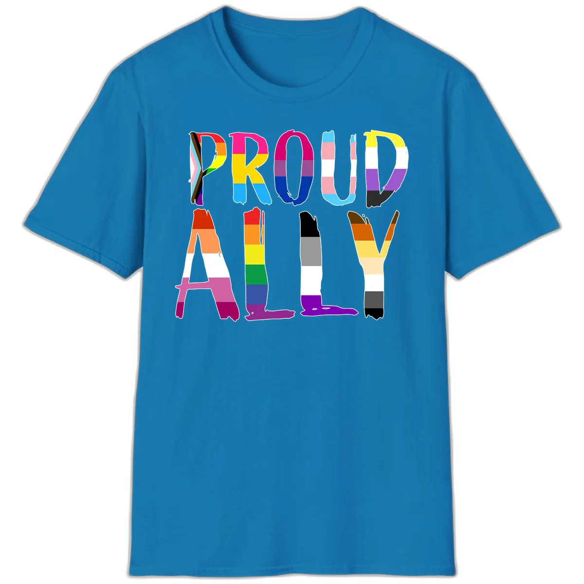 Colorful block letters spelling PROUD filled with rainbow pride flag stripes and patterns including trans and progress pride designs in Sapphire
