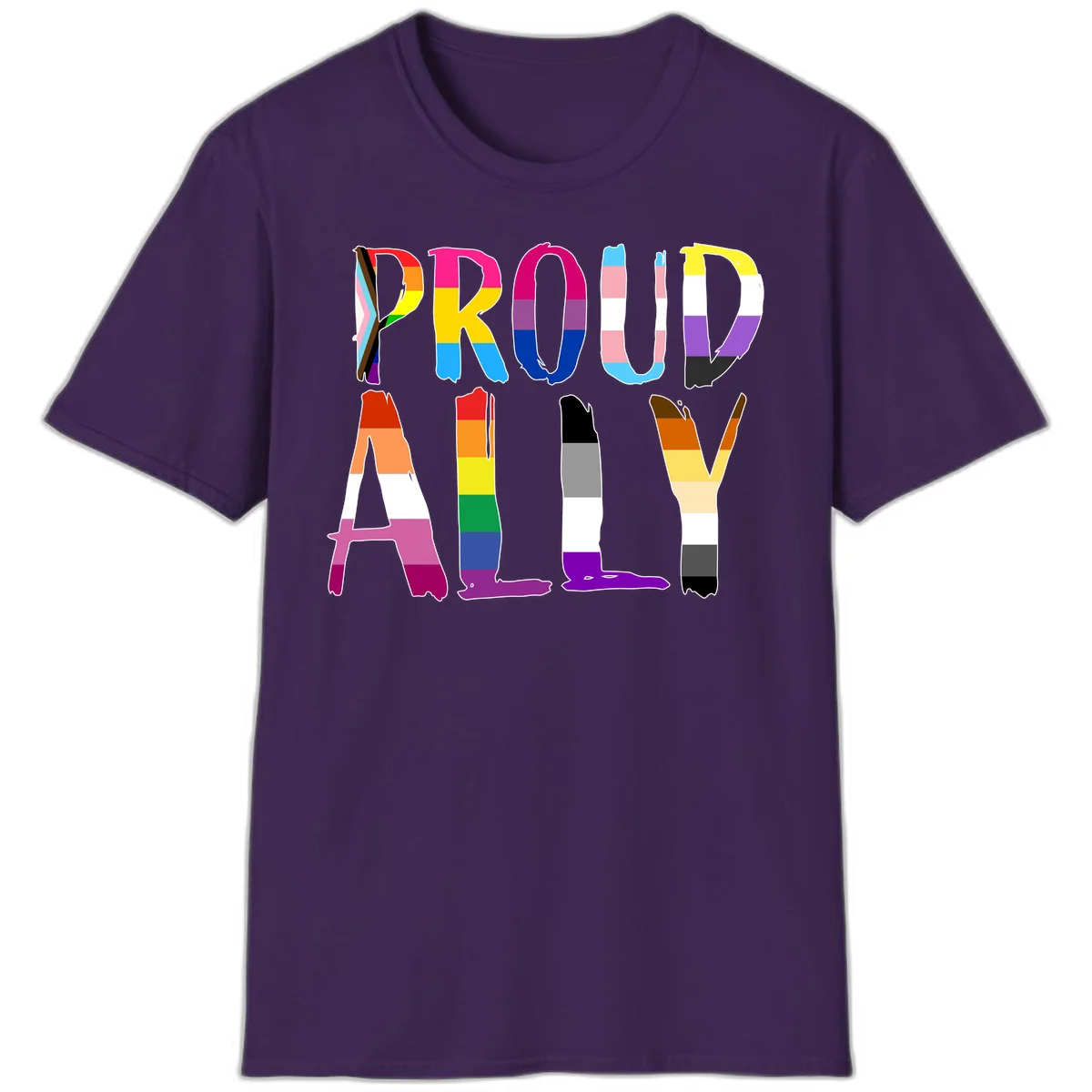Colorful block letters spelling PROUD filled with rainbow pride flag stripes and patterns including trans and progress pride designs in Purple