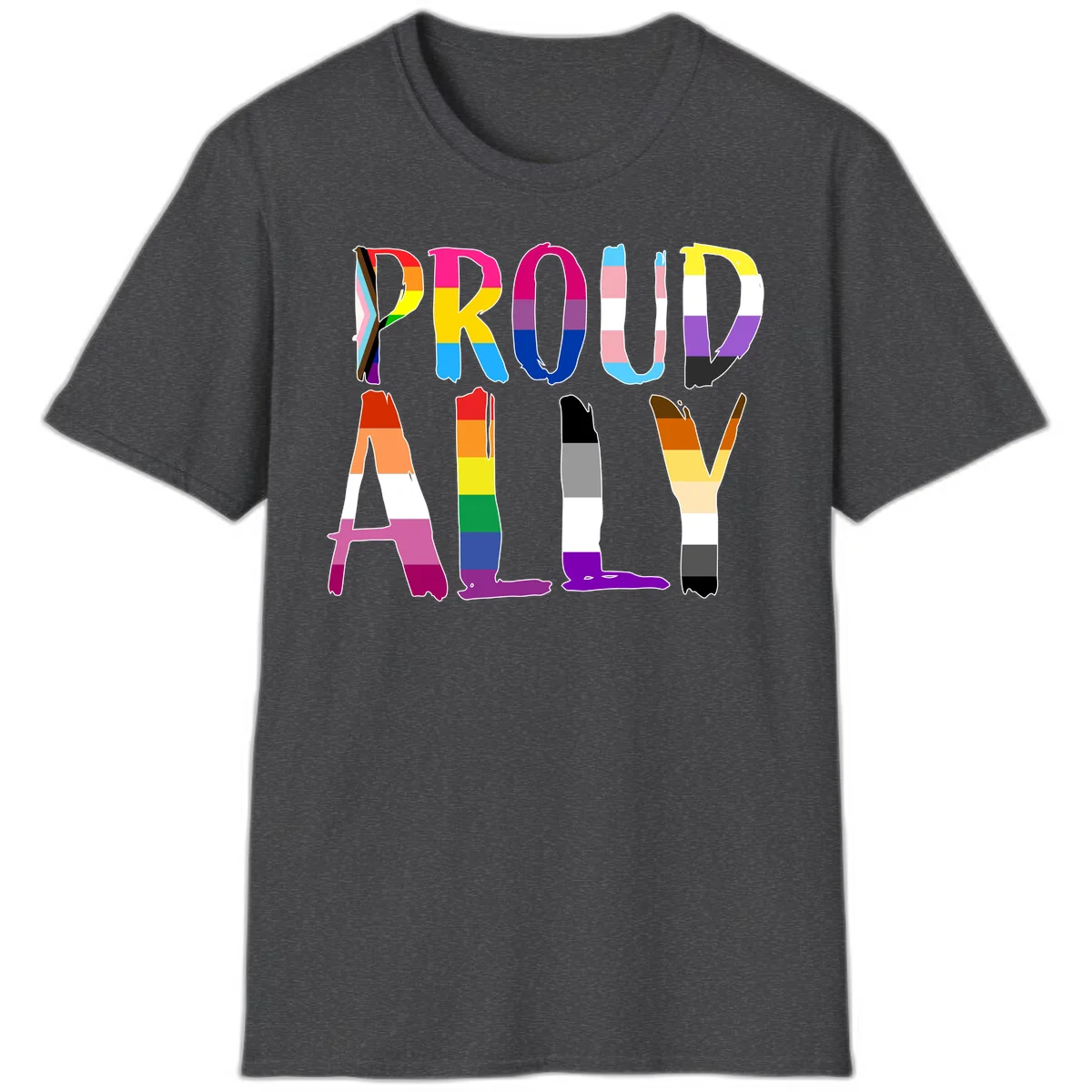Colorful block letters spelling PROUD filled with rainbow pride flag stripes and patterns including trans and progress pride designs in Dark Heather