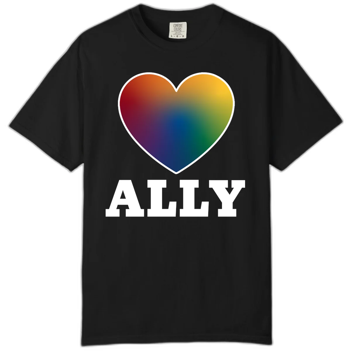 Ally rainbow heart pride design featuring a gradient heart transitioning through rainbow colors with white border and ALLY text in Black