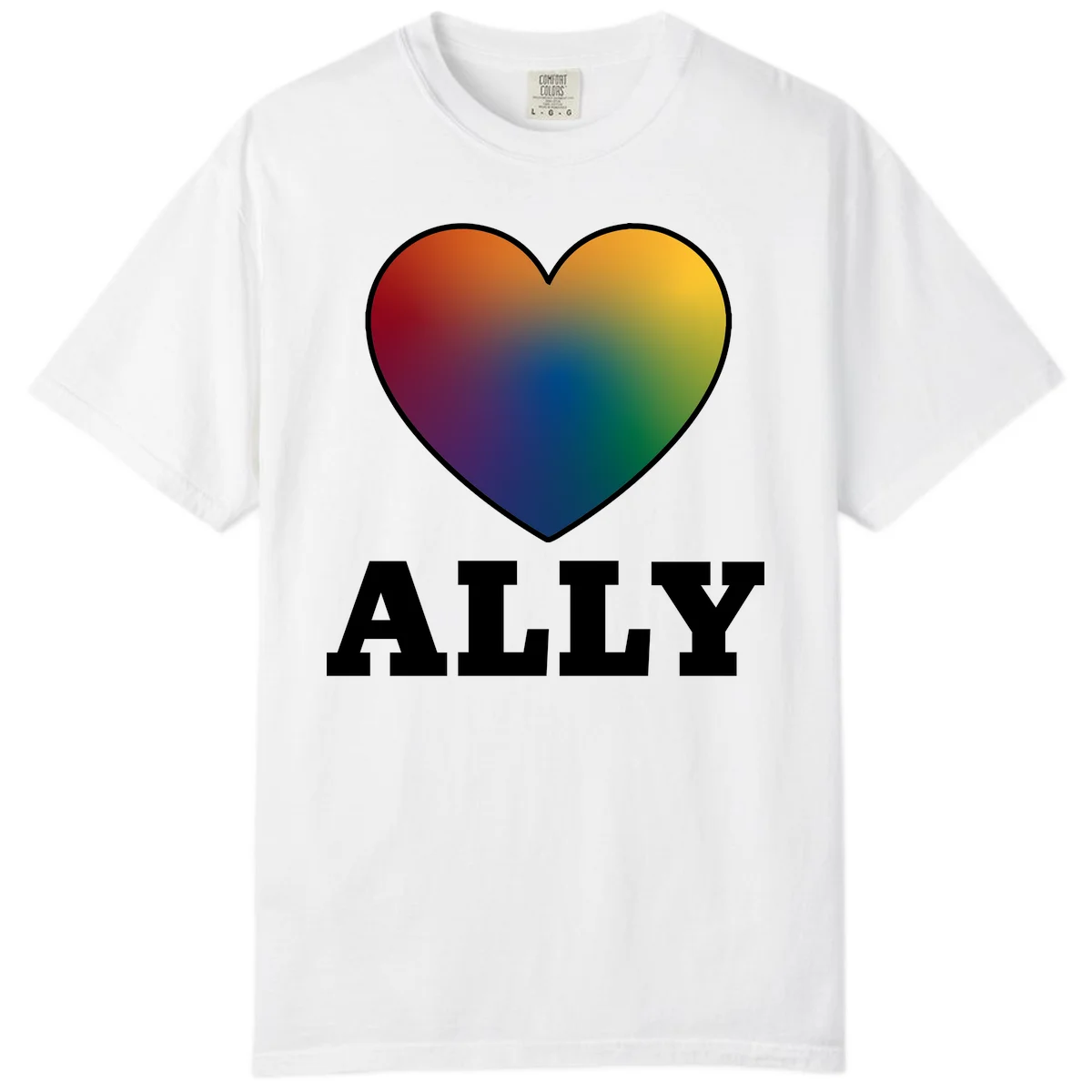 Ally rainbow heart pride design featuring a gradient heart transitioning through rainbow colors with white border and ALLY text in White