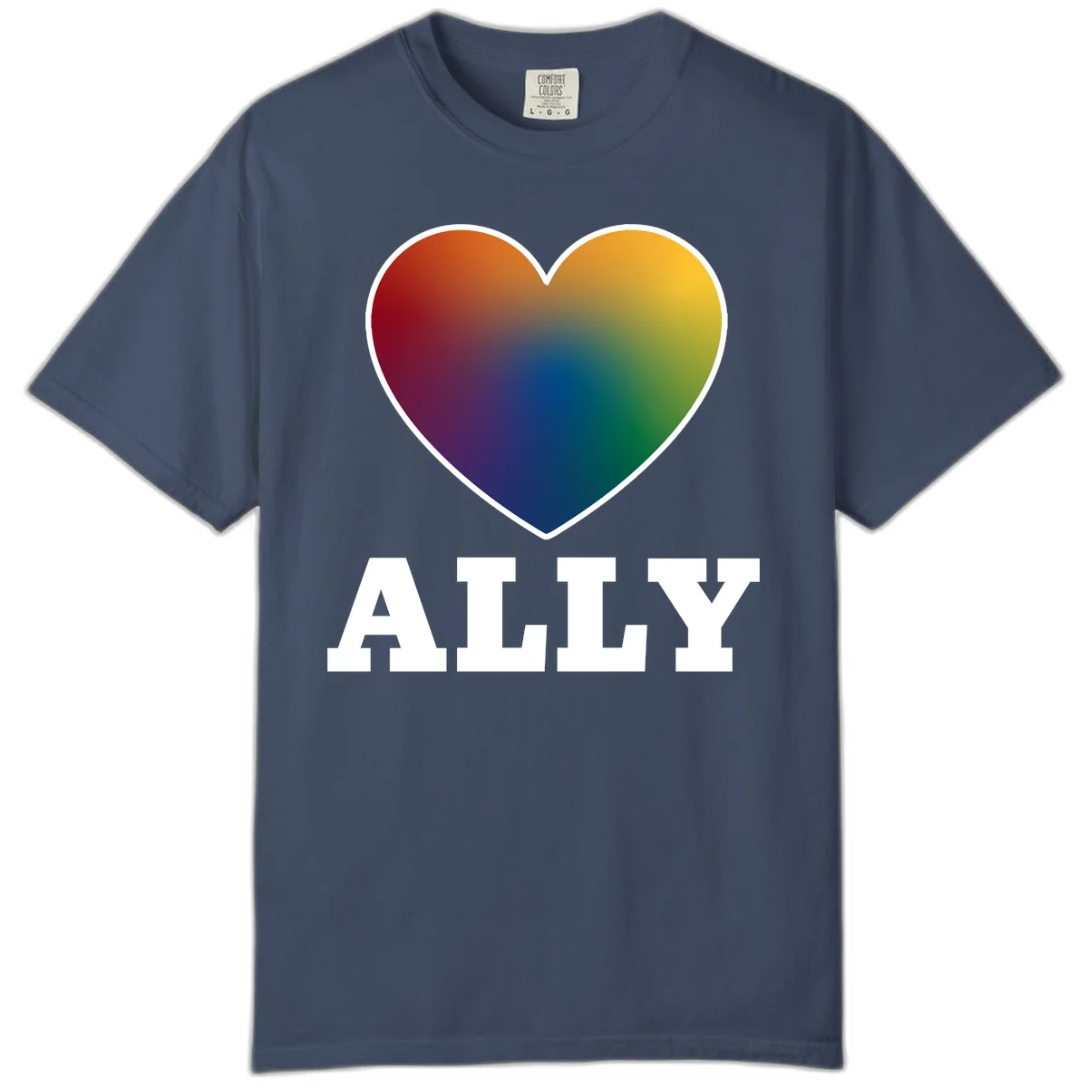 Ally rainbow heart pride design featuring a gradient heart transitioning through rainbow colors with white border and ALLY text in Midnight