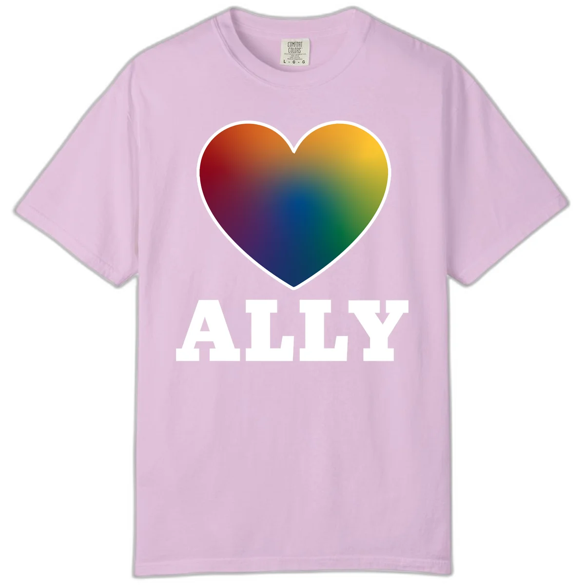 Ally rainbow heart pride design featuring a gradient heart transitioning through rainbow colors with white border and ALLY text in Orchid