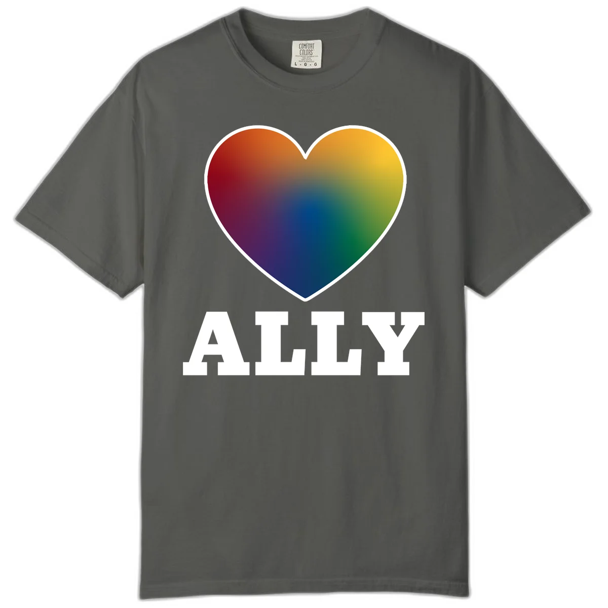 Ally rainbow heart pride design featuring a gradient heart transitioning through rainbow colors with white border and ALLY text in Pepper