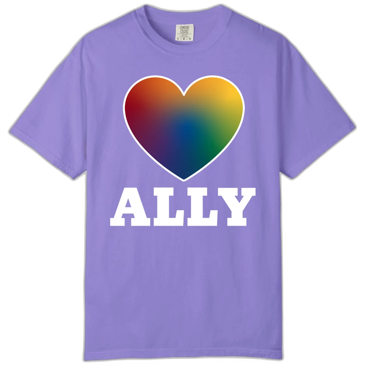 Ally rainbow heart pride design featuring a gradient heart transitioning through rainbow colors with white border and ALLY text in Violet