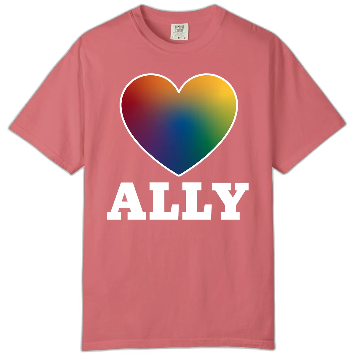 Ally rainbow heart pride design featuring a gradient heart transitioning through rainbow colors with white border and ALLY text in Watermelon