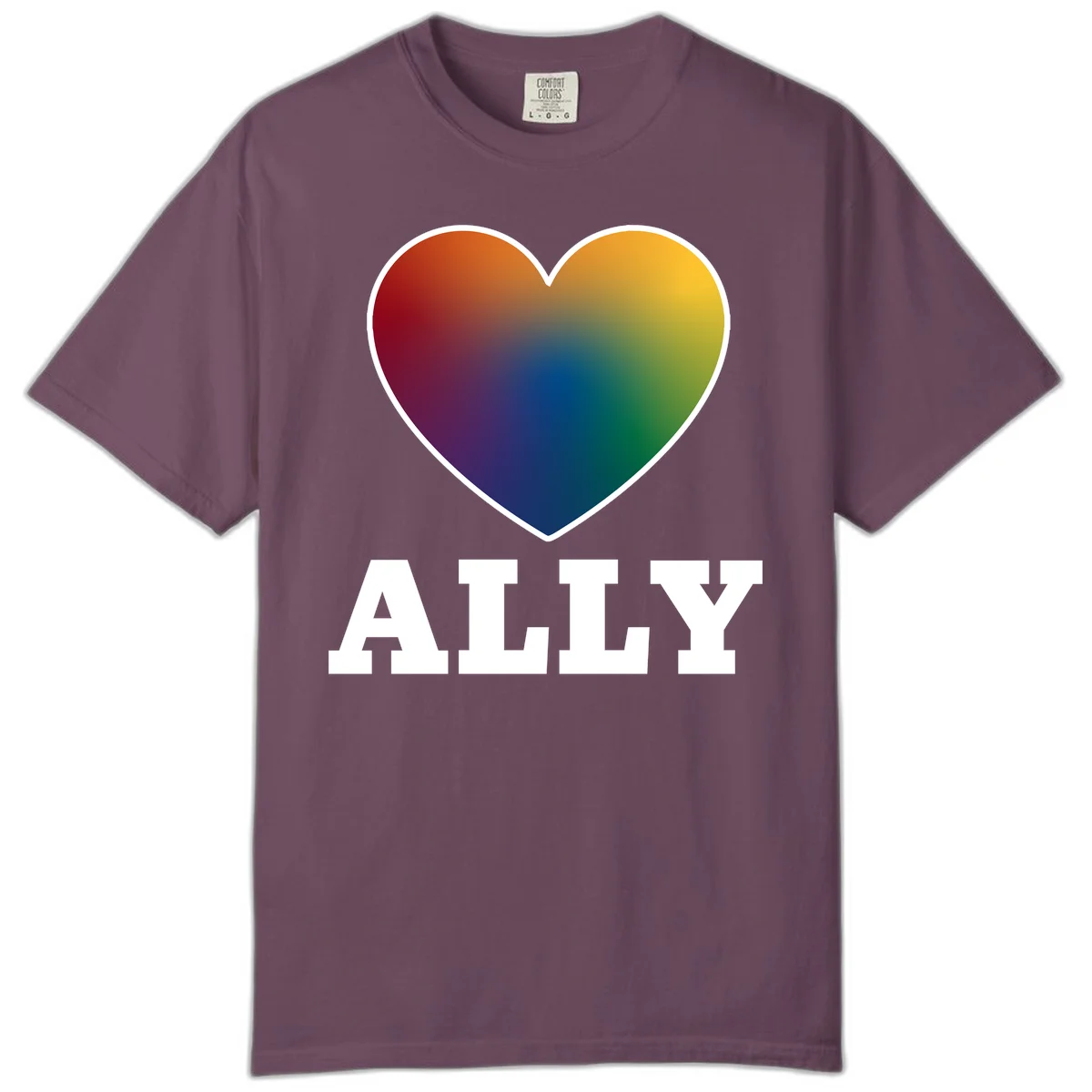 Ally rainbow heart pride design featuring a gradient heart transitioning through rainbow colors with white border and ALLY text in Berry