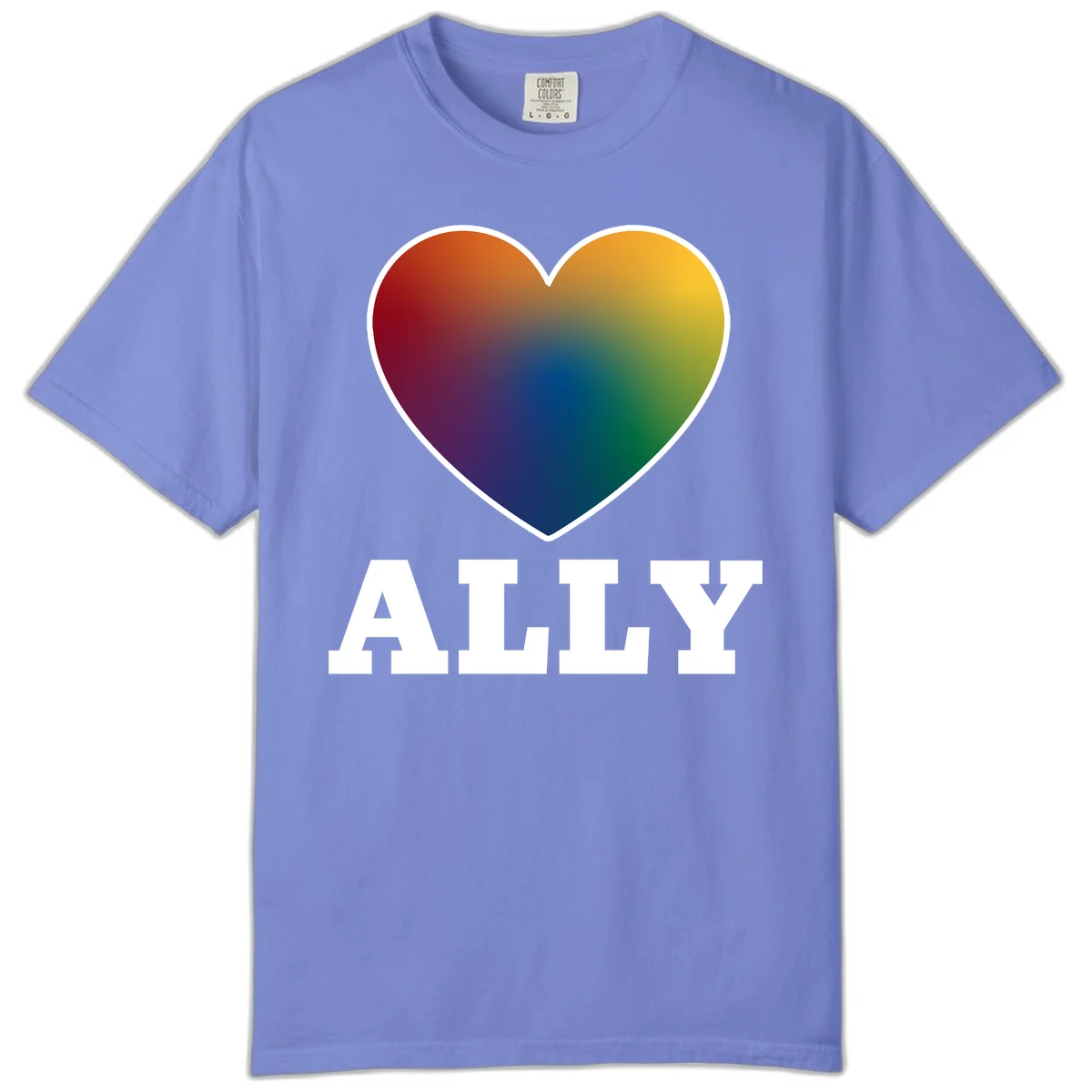 Ally rainbow heart pride design featuring a gradient heart transitioning through rainbow colors with white border and ALLY text in Flo Blue