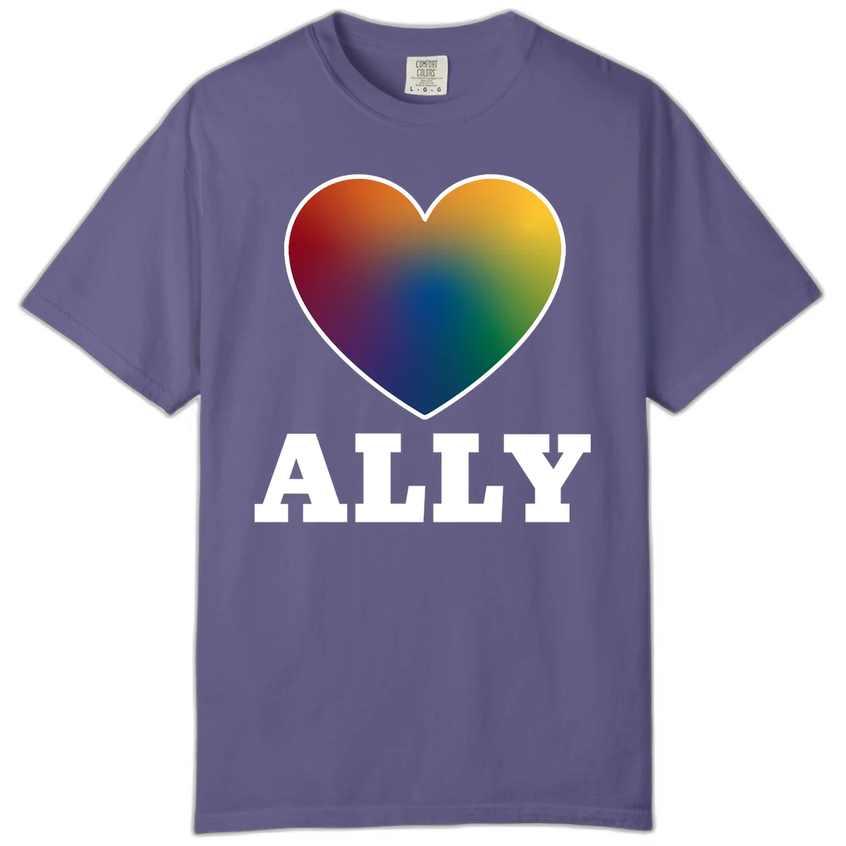 Ally rainbow heart pride design featuring a gradient heart transitioning through rainbow colors with white border and ALLY text in Grape