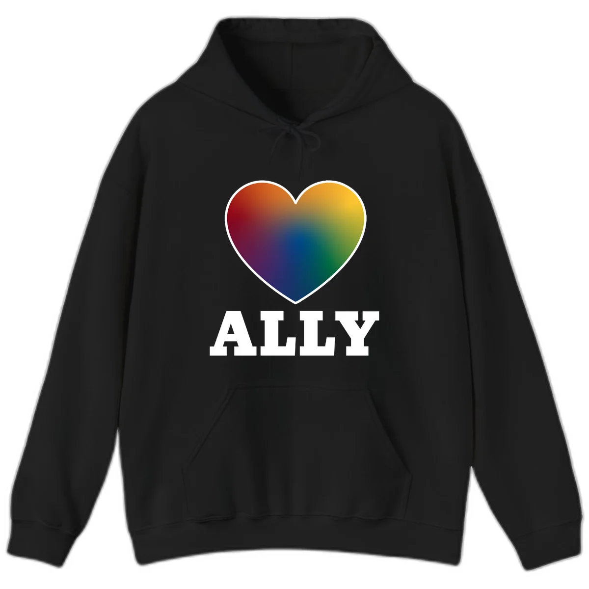 Ally rainbow heart pride design featuring a gradient heart transitioning through rainbow colors with white border and ALLY text in Black