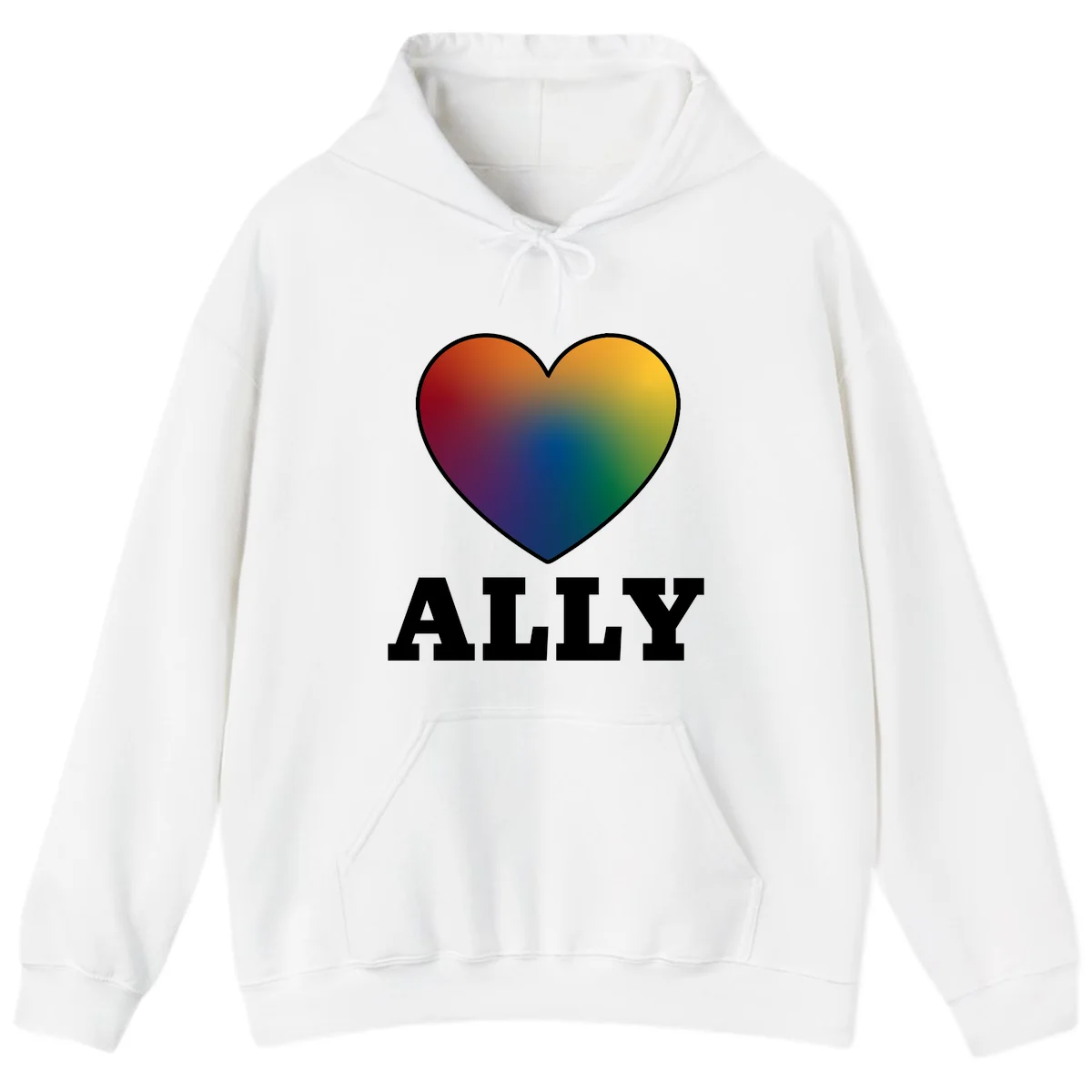 Ally rainbow heart pride design featuring a gradient heart transitioning through rainbow colors with white border and ALLY text in White