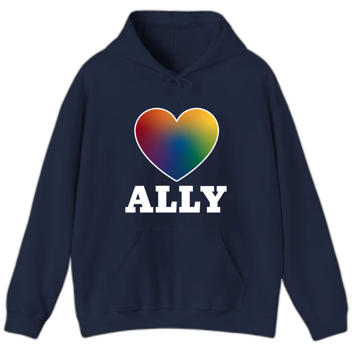 Ally rainbow heart pride design featuring a gradient heart transitioning through rainbow colors with white border and ALLY text in Navy