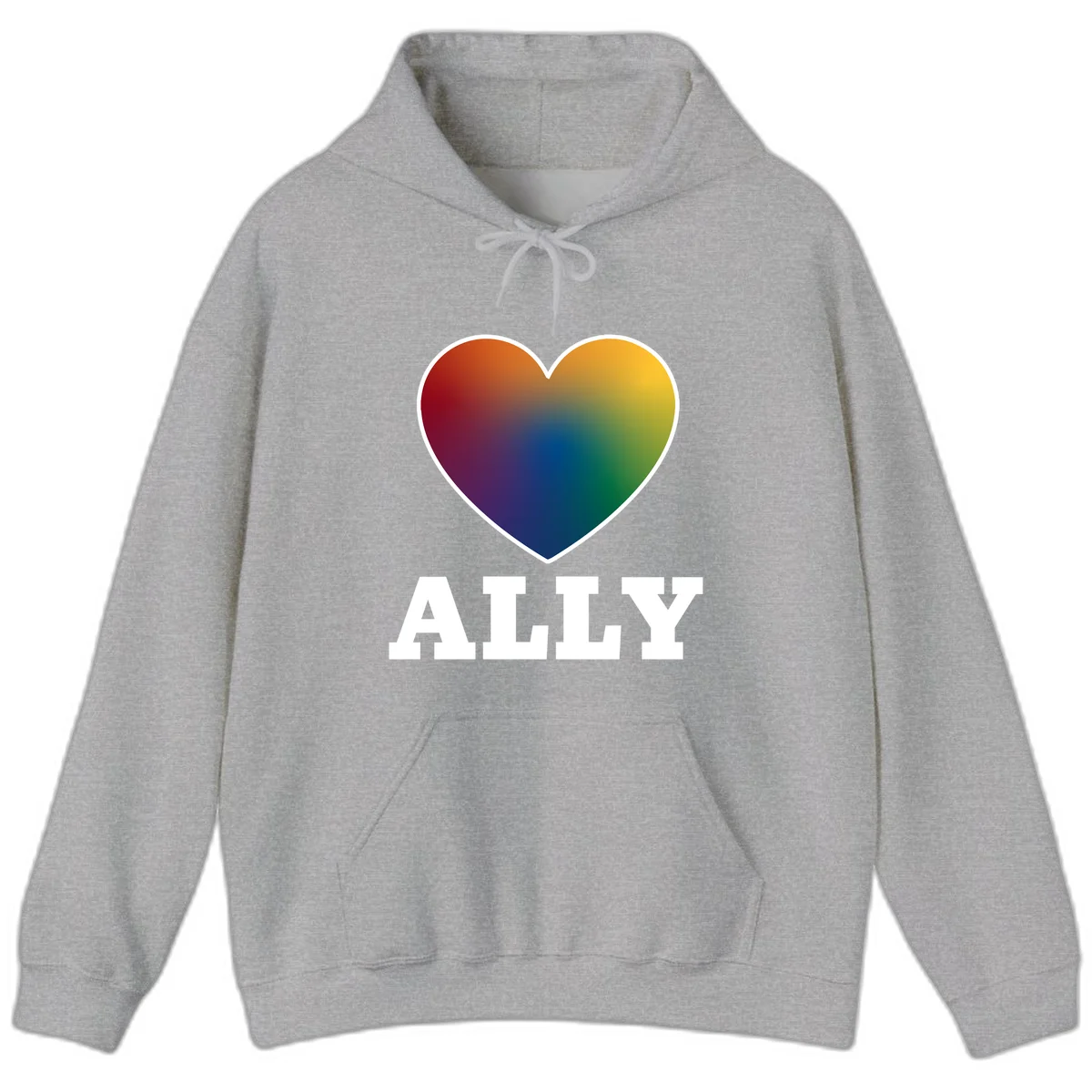 Ally rainbow heart pride design featuring a gradient heart transitioning through rainbow colors with white border and ALLY text in Sport Grey