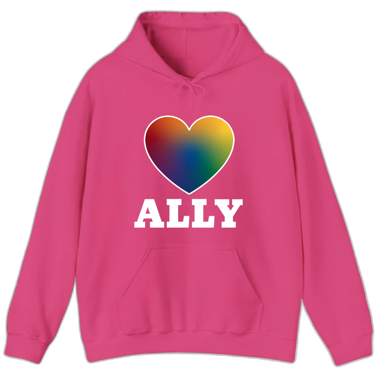 Ally rainbow heart pride design featuring a gradient heart transitioning through rainbow colors with white border and ALLY text in Heliconia