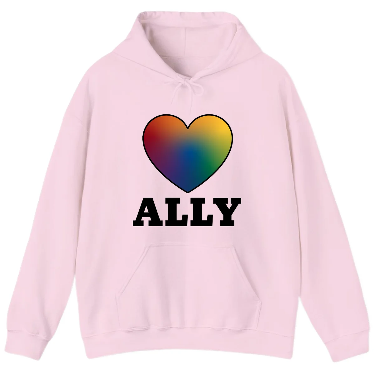 Ally rainbow heart pride design featuring a gradient heart transitioning through rainbow colors with white border and ALLY text in Light Pink