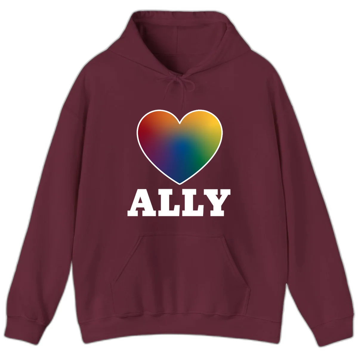 Ally rainbow heart pride design featuring a gradient heart transitioning through rainbow colors with white border and ALLY text in Maroon