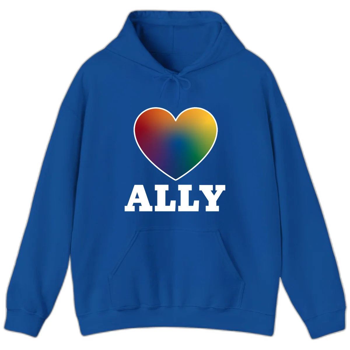 Ally rainbow heart pride design featuring a gradient heart transitioning through rainbow colors with white border and ALLY text in Royal
