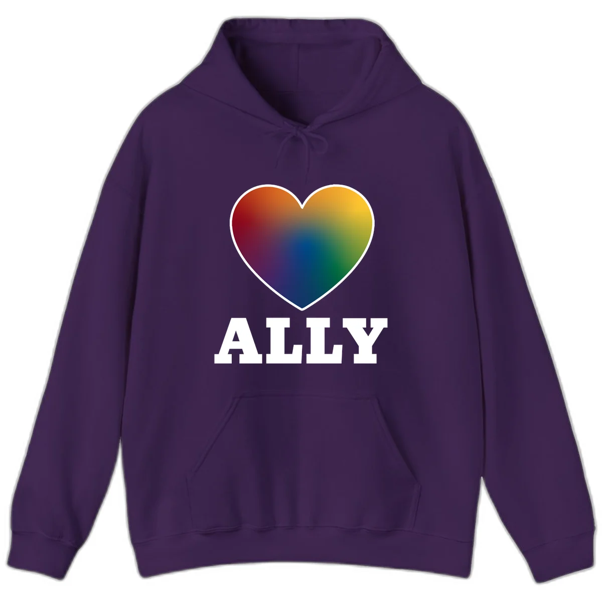 Ally rainbow heart pride design featuring a gradient heart transitioning through rainbow colors with white border and ALLY text in Purple