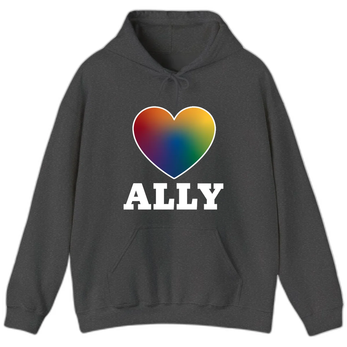 Ally rainbow heart pride design featuring a gradient heart transitioning through rainbow colors with white border and ALLY text in Dark Heather