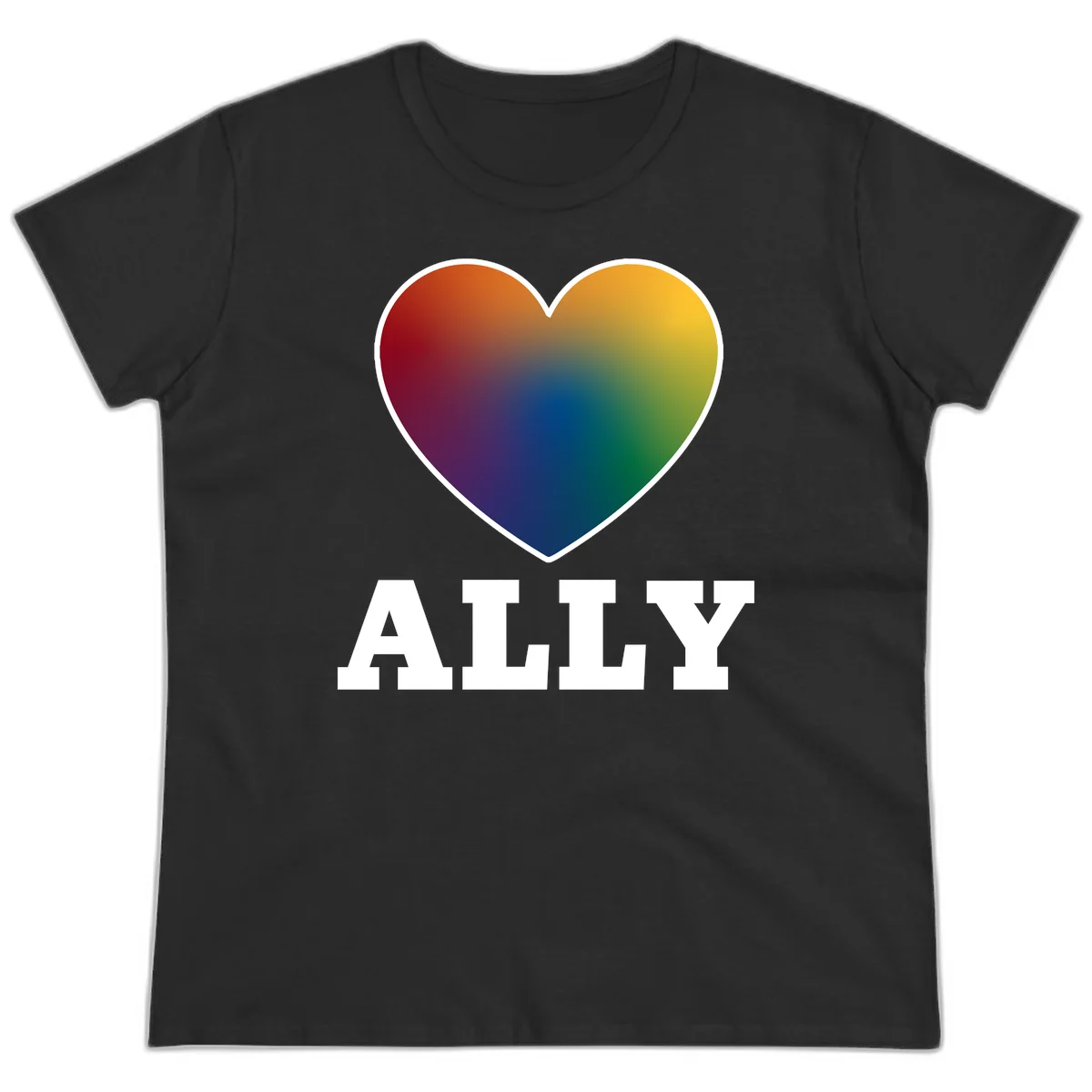 Ally rainbow heart pride design featuring a gradient heart transitioning through rainbow colors with white border and ALLY text in Black