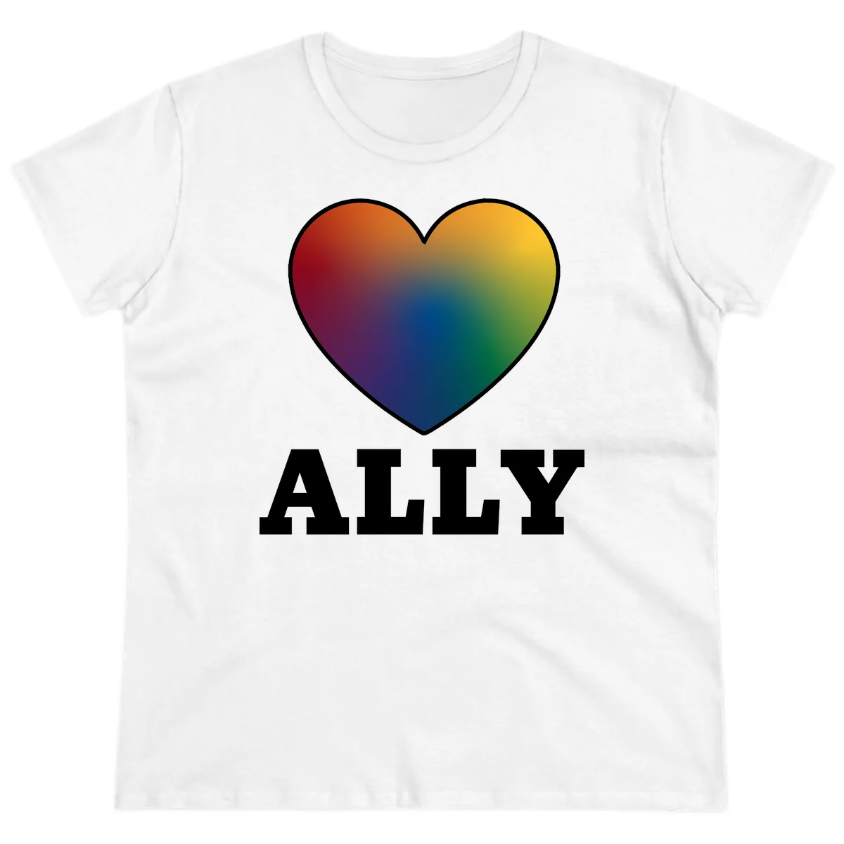 Ally rainbow heart pride design featuring a gradient heart transitioning through rainbow colors with white border and ALLY text in White