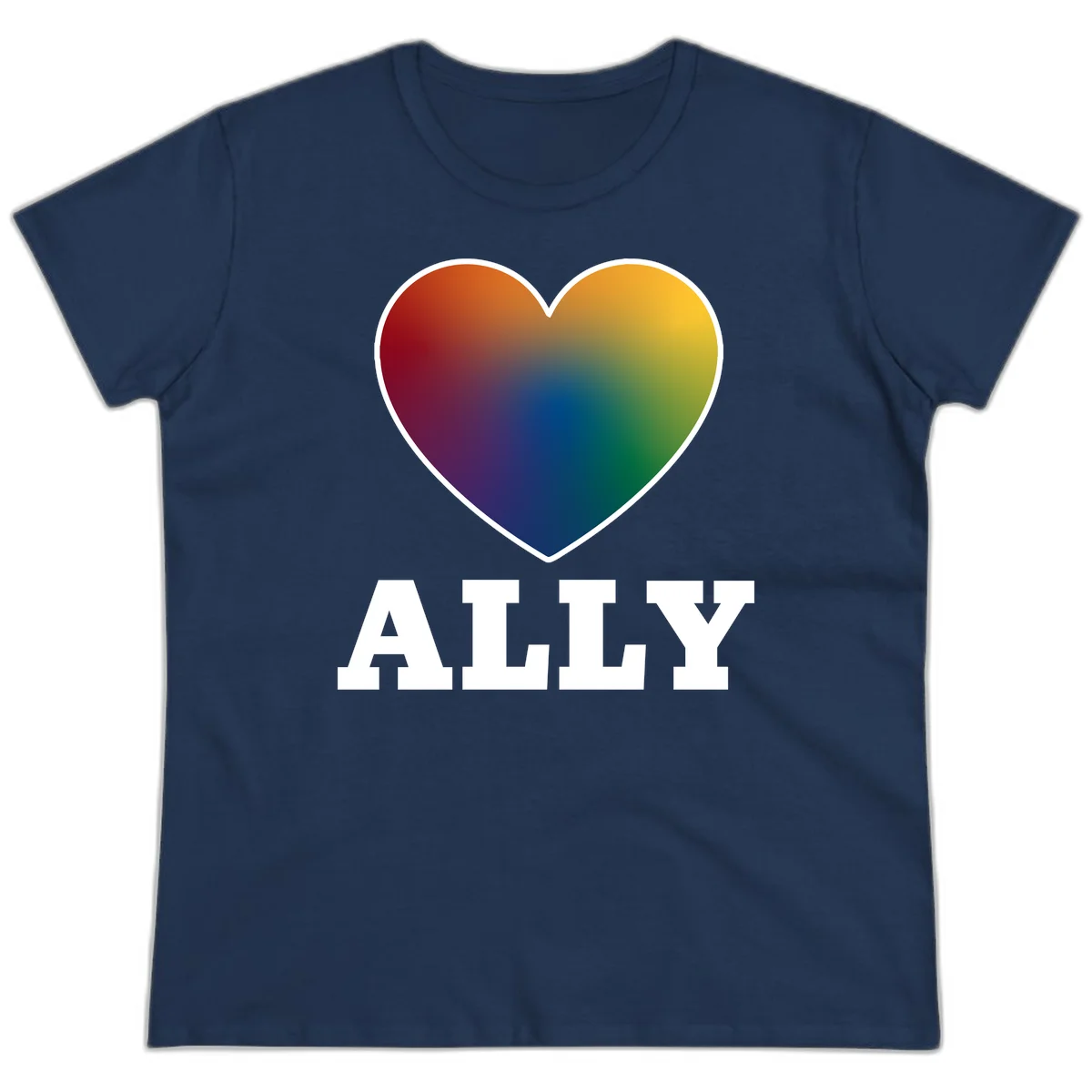 Ally rainbow heart pride design featuring a gradient heart transitioning through rainbow colors with white border and ALLY text in Navy