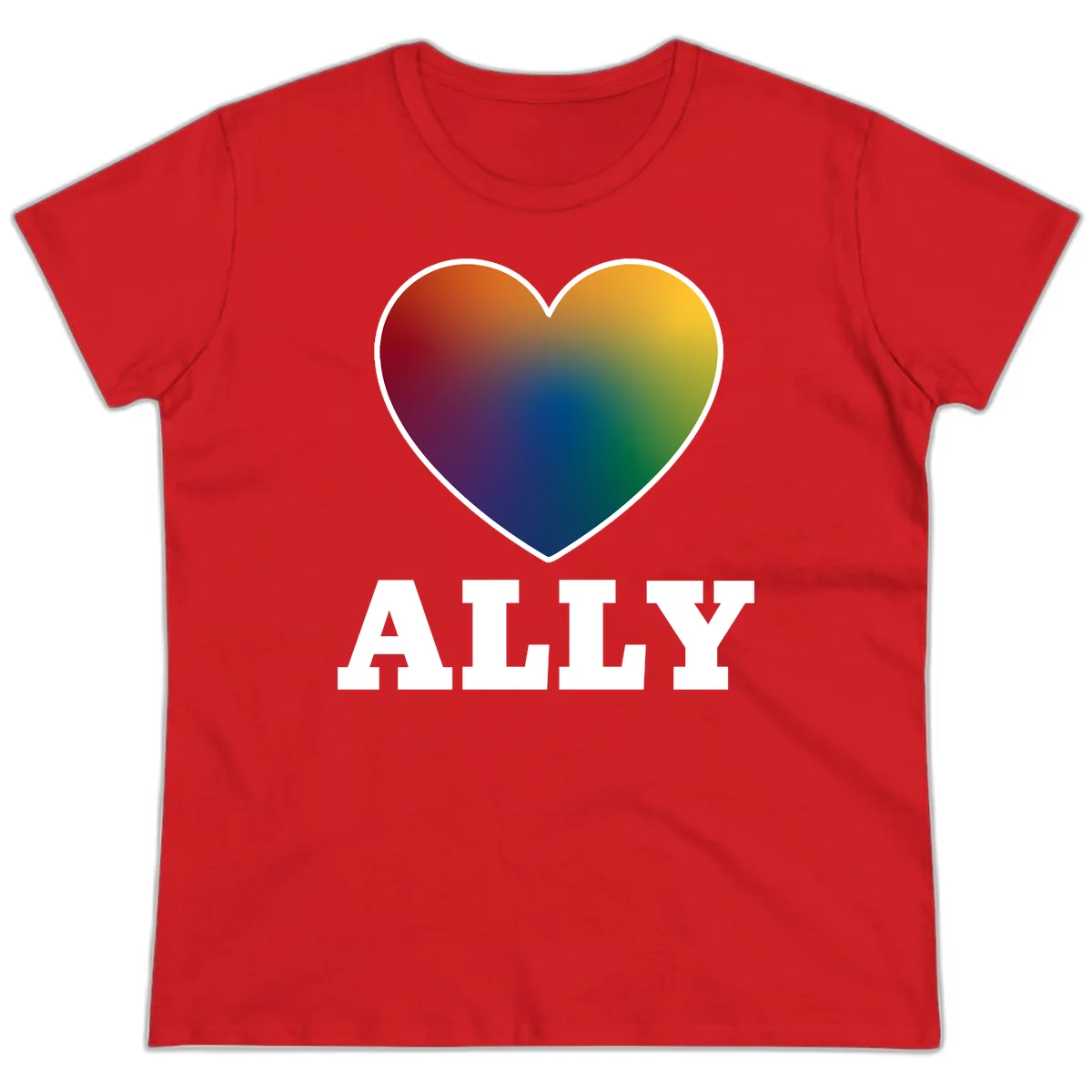 Ally rainbow heart pride design featuring a gradient heart transitioning through rainbow colors with white border and ALLY text in Red