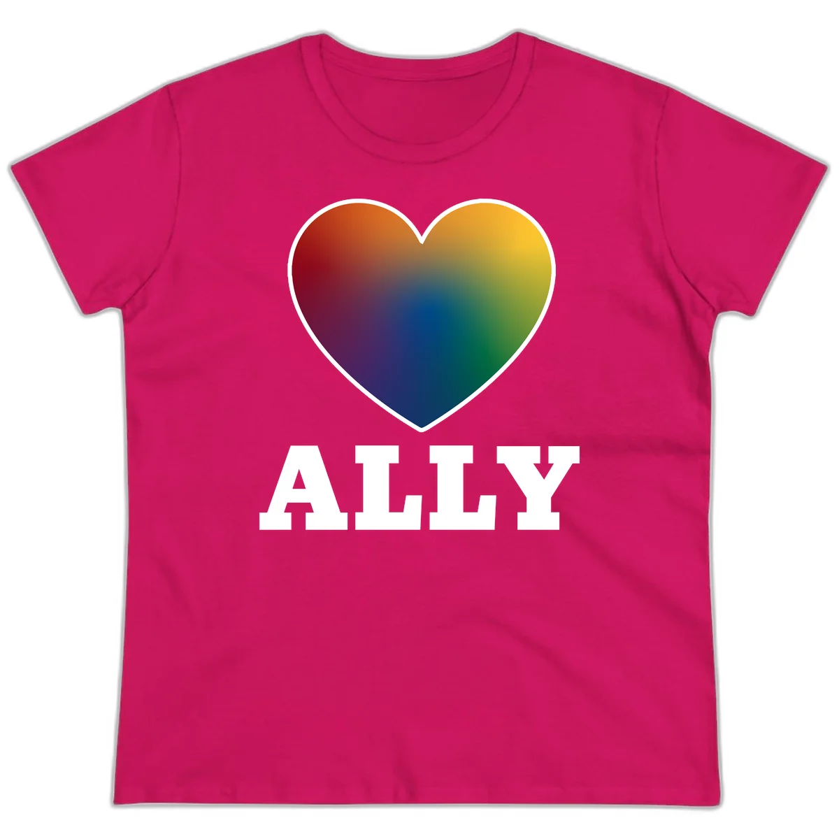 Ally rainbow heart pride design featuring a gradient heart transitioning through rainbow colors with white border and ALLY text in Heliconia