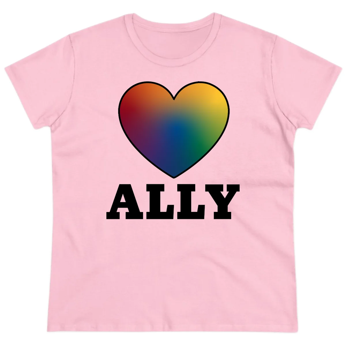Ally rainbow heart pride design featuring a gradient heart transitioning through rainbow colors with white border and ALLY text in Light Pink