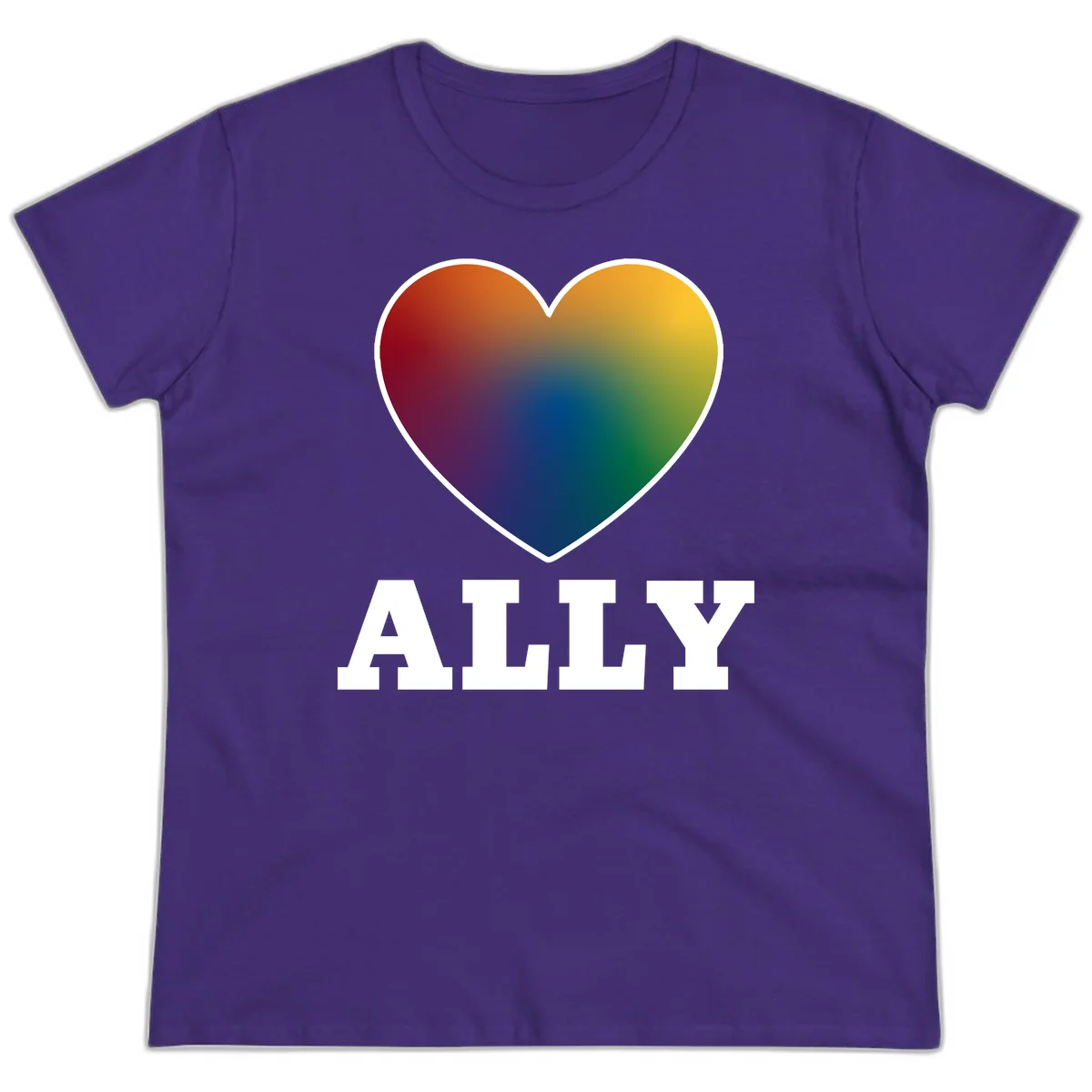 Ally rainbow heart pride design featuring a gradient heart transitioning through rainbow colors with white border and ALLY text in Purple