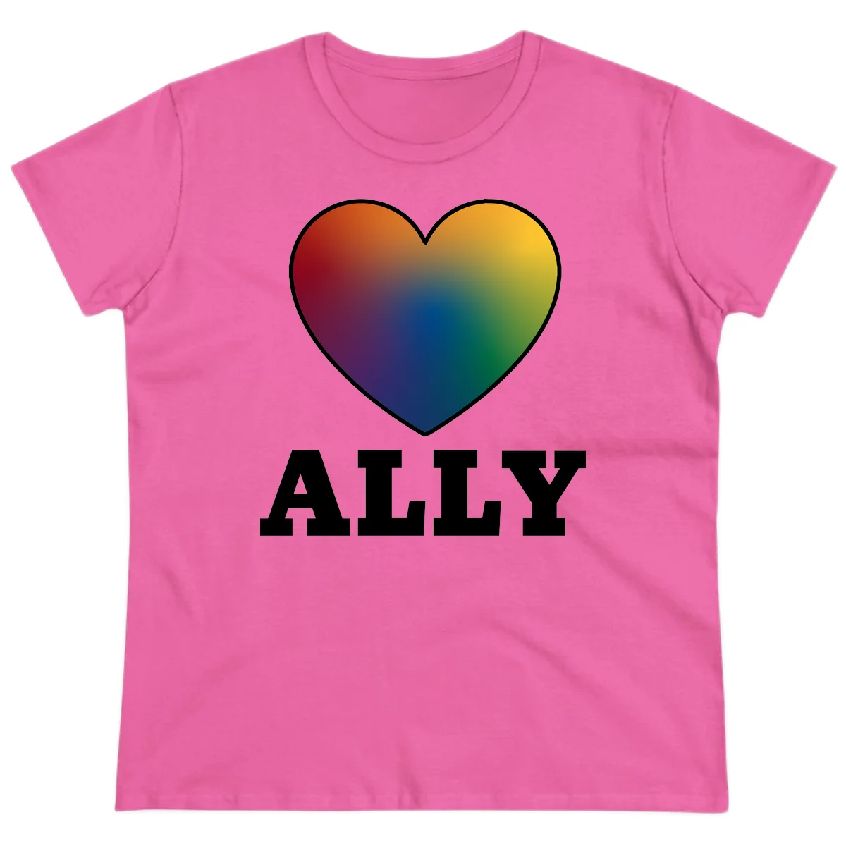 Ally rainbow heart pride design featuring a gradient heart transitioning through rainbow colors with white border and ALLY text in Azalea
