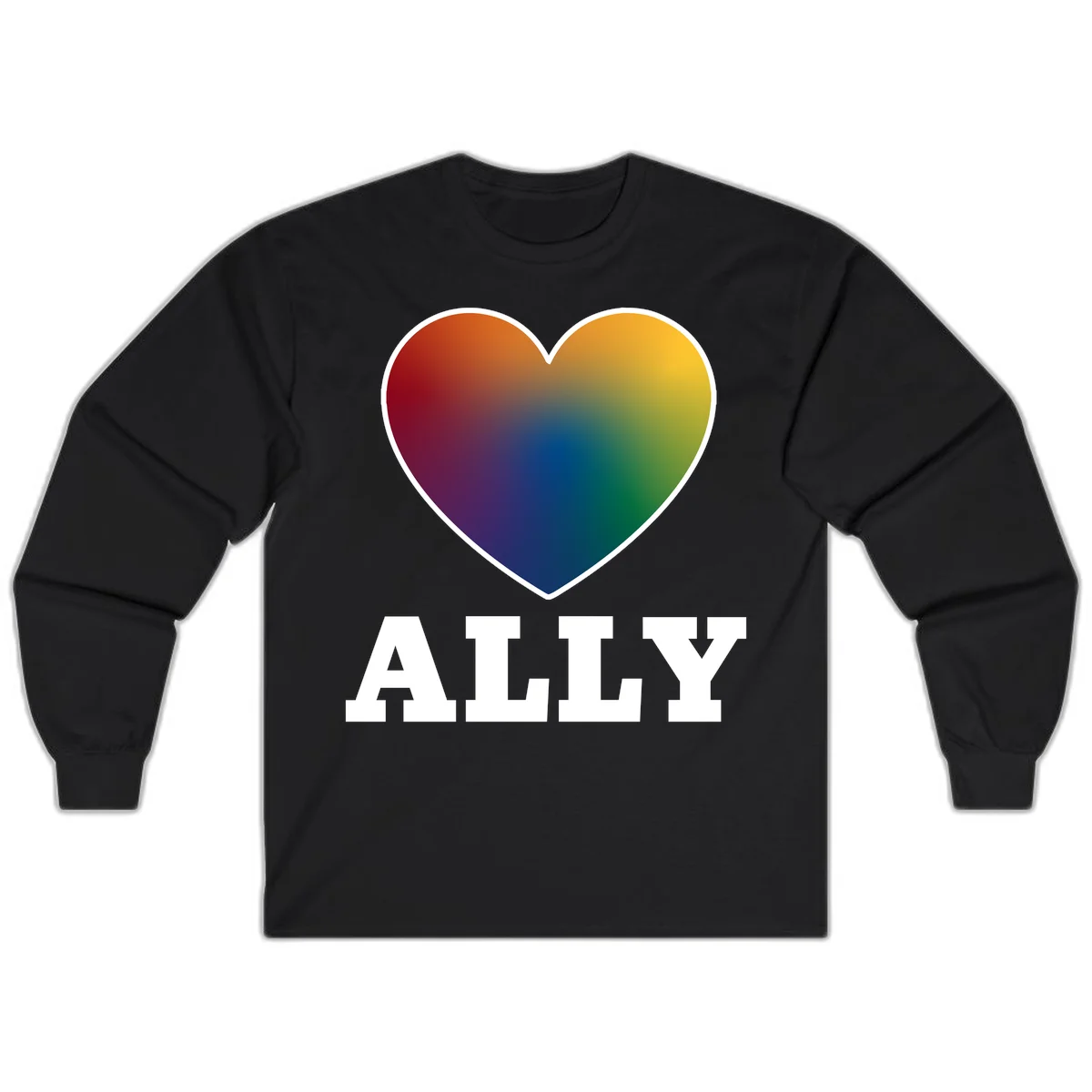 Ally rainbow heart pride design featuring a gradient heart transitioning through rainbow colors with white border and ALLY text in Black