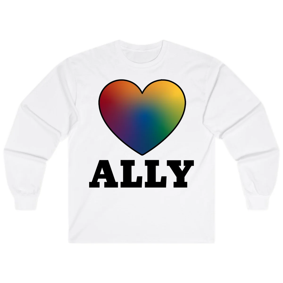 Ally rainbow heart pride design featuring a gradient heart transitioning through rainbow colors with white border and ALLY text in White