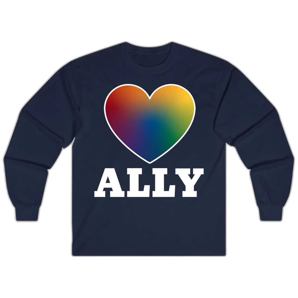 Ally rainbow heart pride design featuring a gradient heart transitioning through rainbow colors with white border and ALLY text in Navy