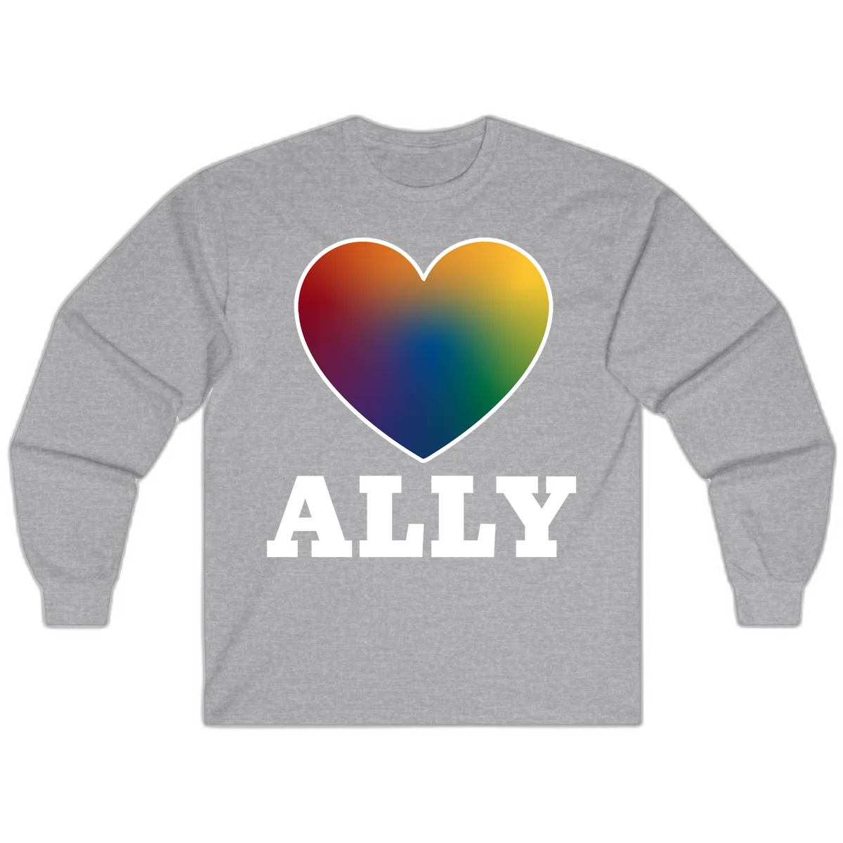 Ally rainbow heart pride design featuring a gradient heart transitioning through rainbow colors with white border and ALLY text in Sport Grey