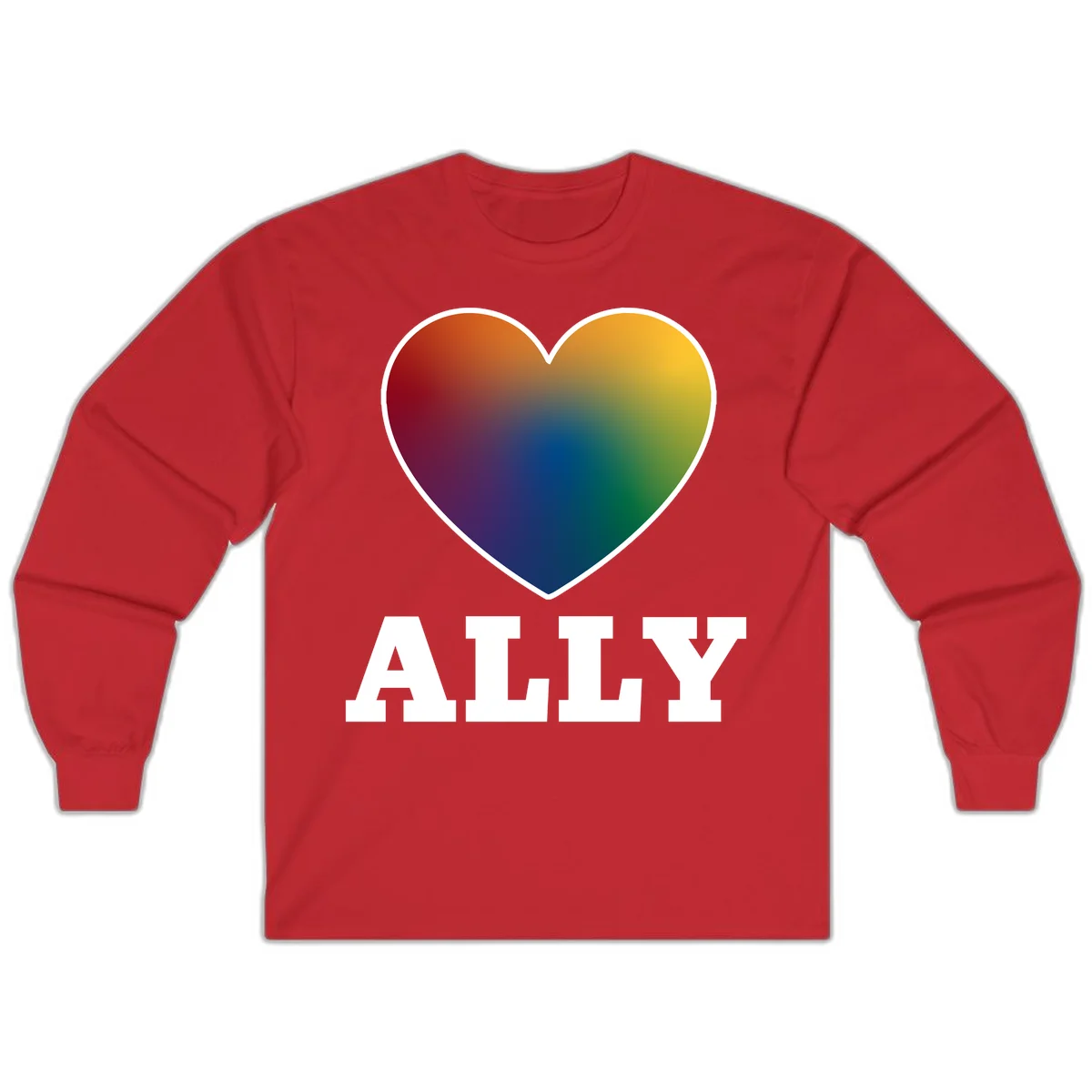 Ally rainbow heart pride design featuring a gradient heart transitioning through rainbow colors with white border and ALLY text in Red