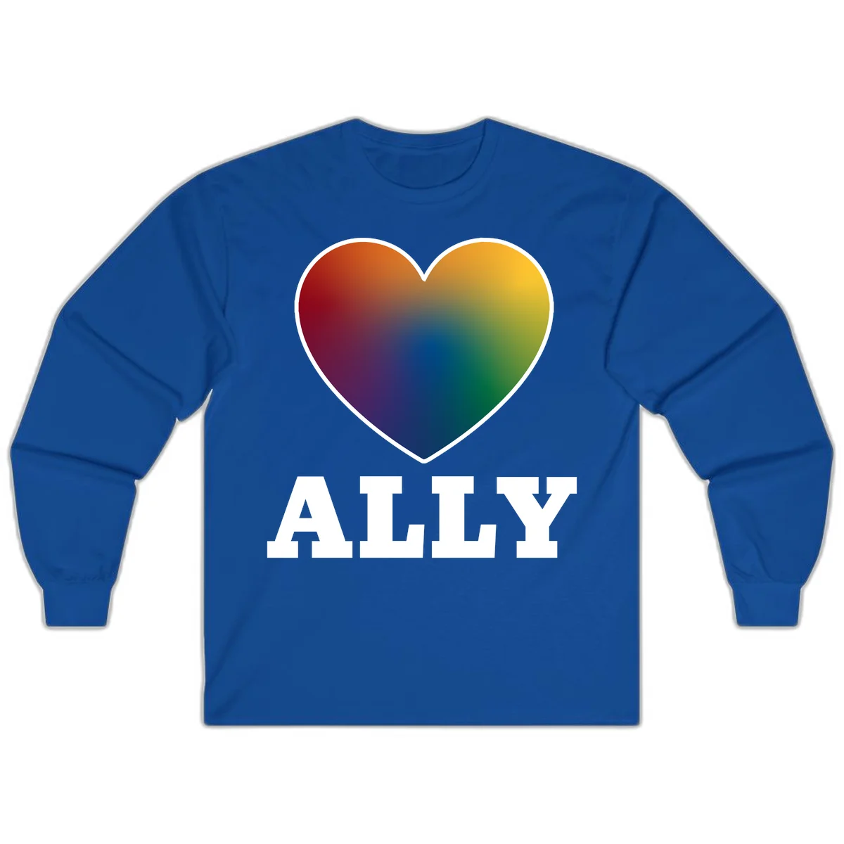 Ally rainbow heart pride design featuring a gradient heart transitioning through rainbow colors with white border and ALLY text in Royal