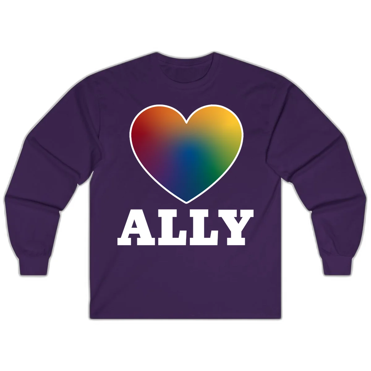 Ally rainbow heart pride design featuring a gradient heart transitioning through rainbow colors with white border and ALLY text in Purple