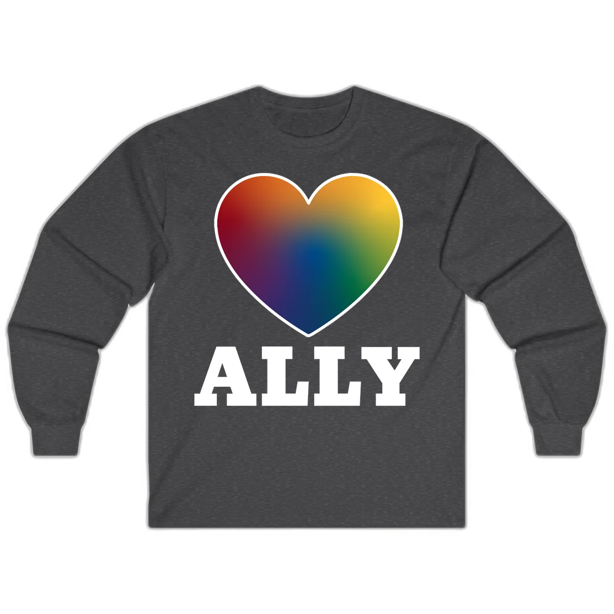 Ally rainbow heart pride design featuring a gradient heart transitioning through rainbow colors with white border and ALLY text in Dark Heather