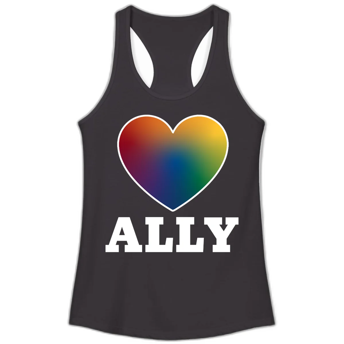 Ally rainbow heart pride design featuring a gradient heart transitioning through rainbow colors with white border and ALLY text in Black