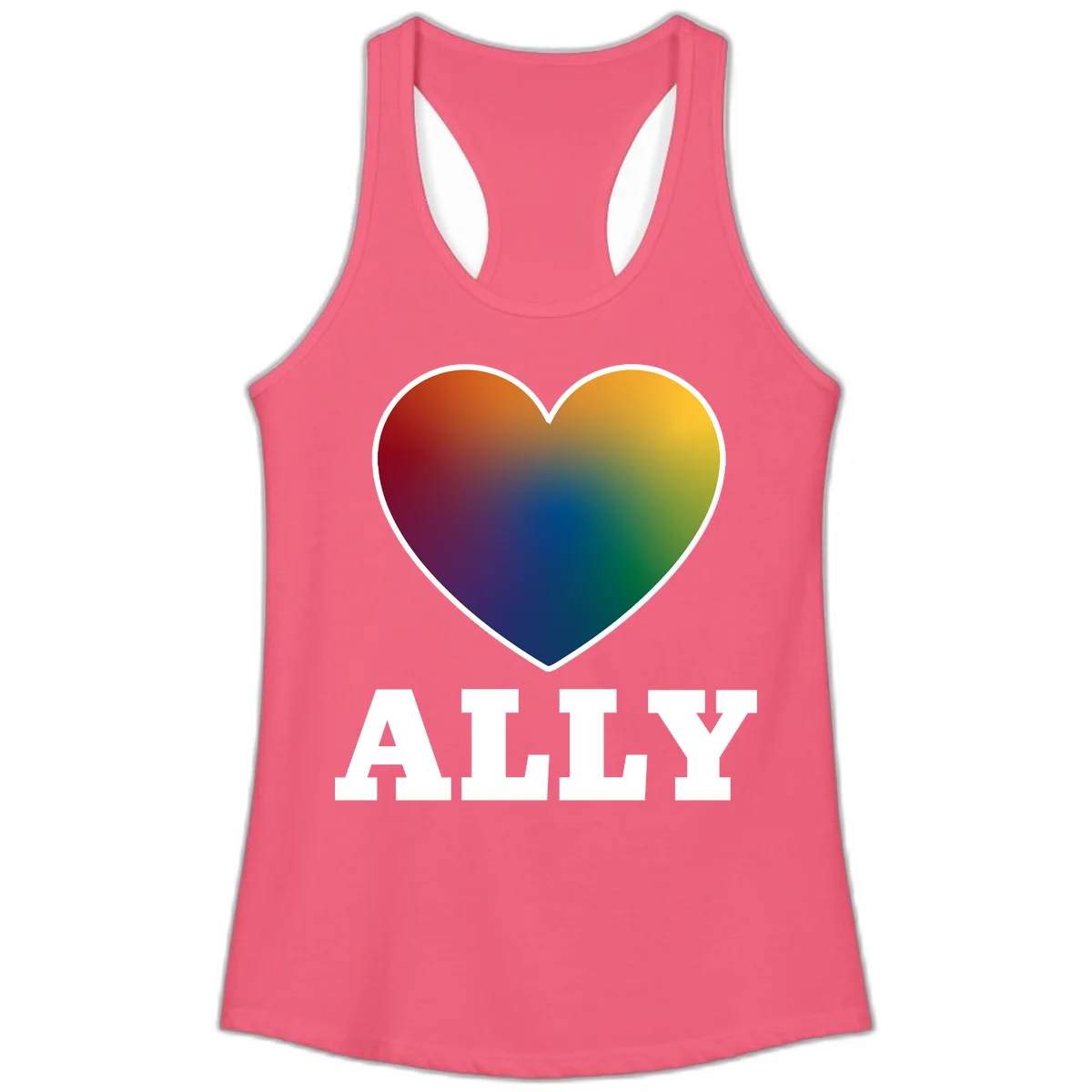 Ally rainbow heart pride design featuring a gradient heart transitioning through rainbow colors with white border and ALLY text in Hot Pink