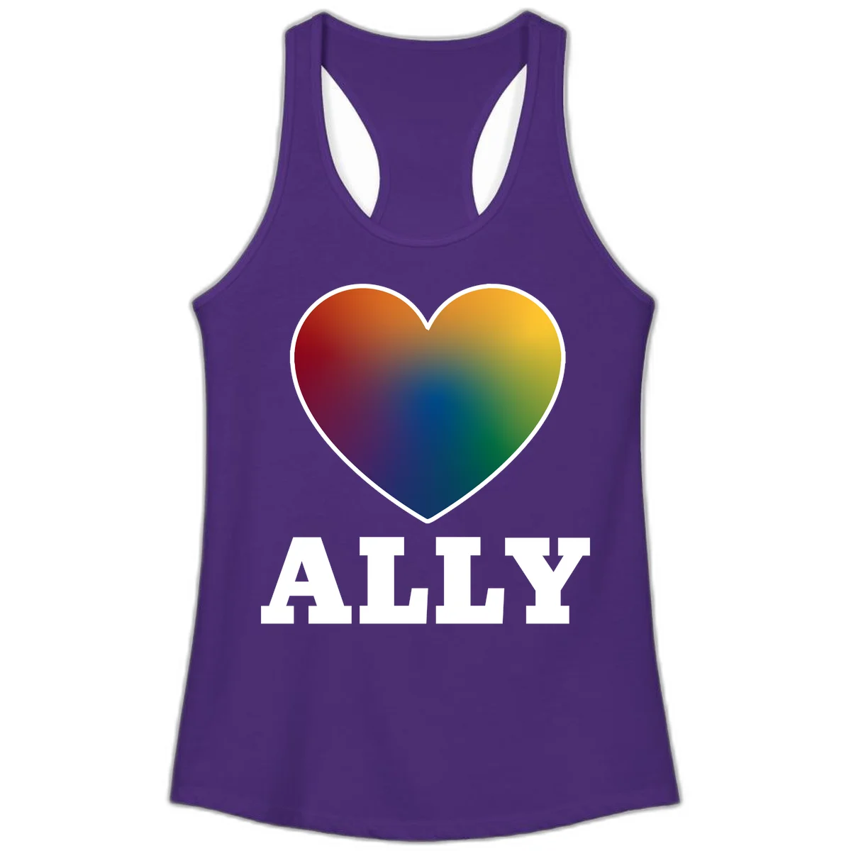 Ally rainbow heart pride design featuring a gradient heart transitioning through rainbow colors with white border and ALLY text in Solid Purple Rush