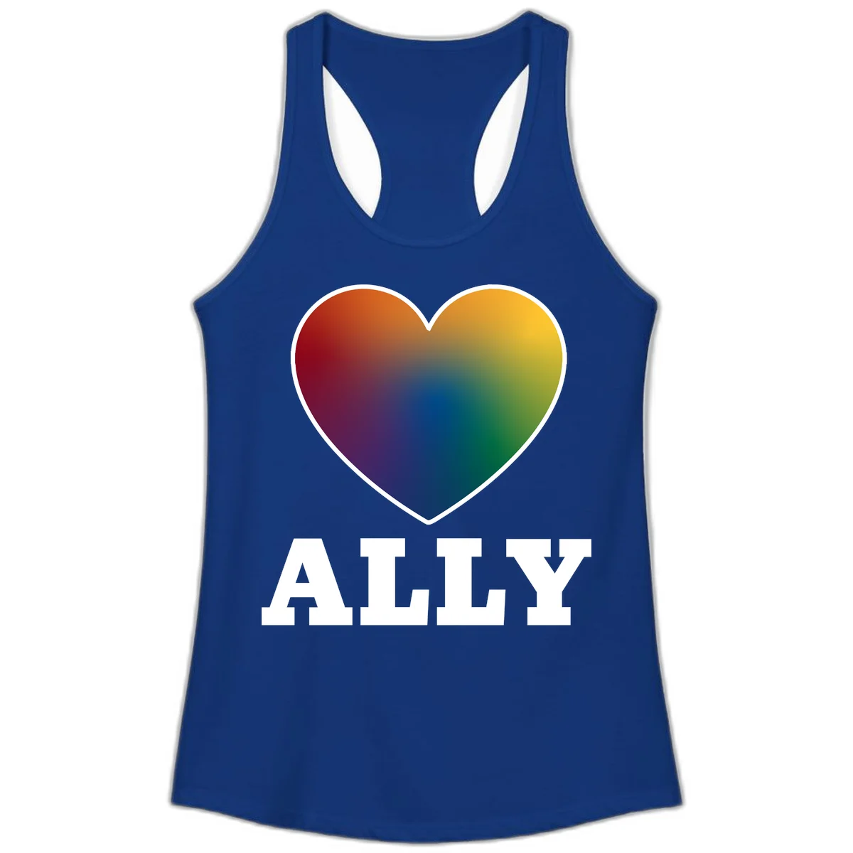 Ally rainbow heart pride design featuring a gradient heart transitioning through rainbow colors with white border and ALLY text in Solid Royal
