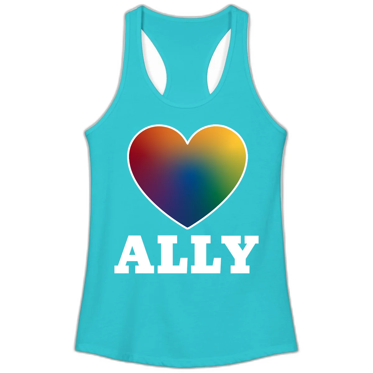 Ally rainbow heart pride design featuring a gradient heart transitioning through rainbow colors with white border and ALLY text in Solid Tahiti Blue