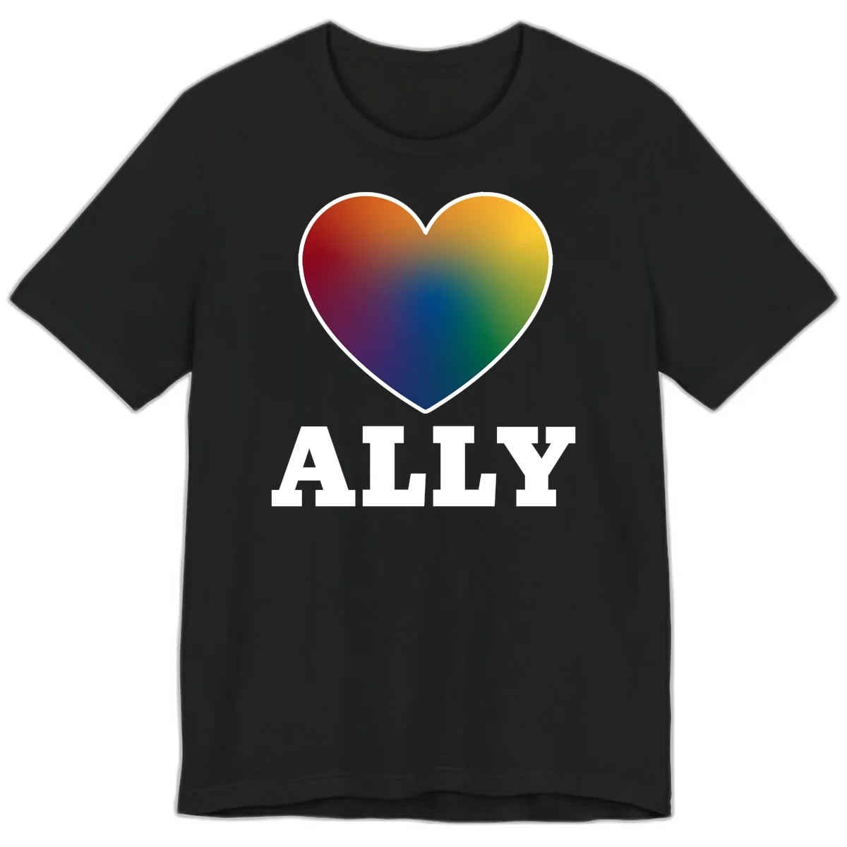 Ally rainbow heart pride design featuring a gradient heart transitioning through rainbow colors with white border and ALLY text in Black
