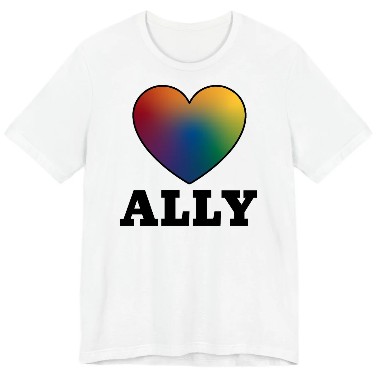 Ally rainbow heart pride design featuring a gradient heart transitioning through rainbow colors with white border and ALLY text in White