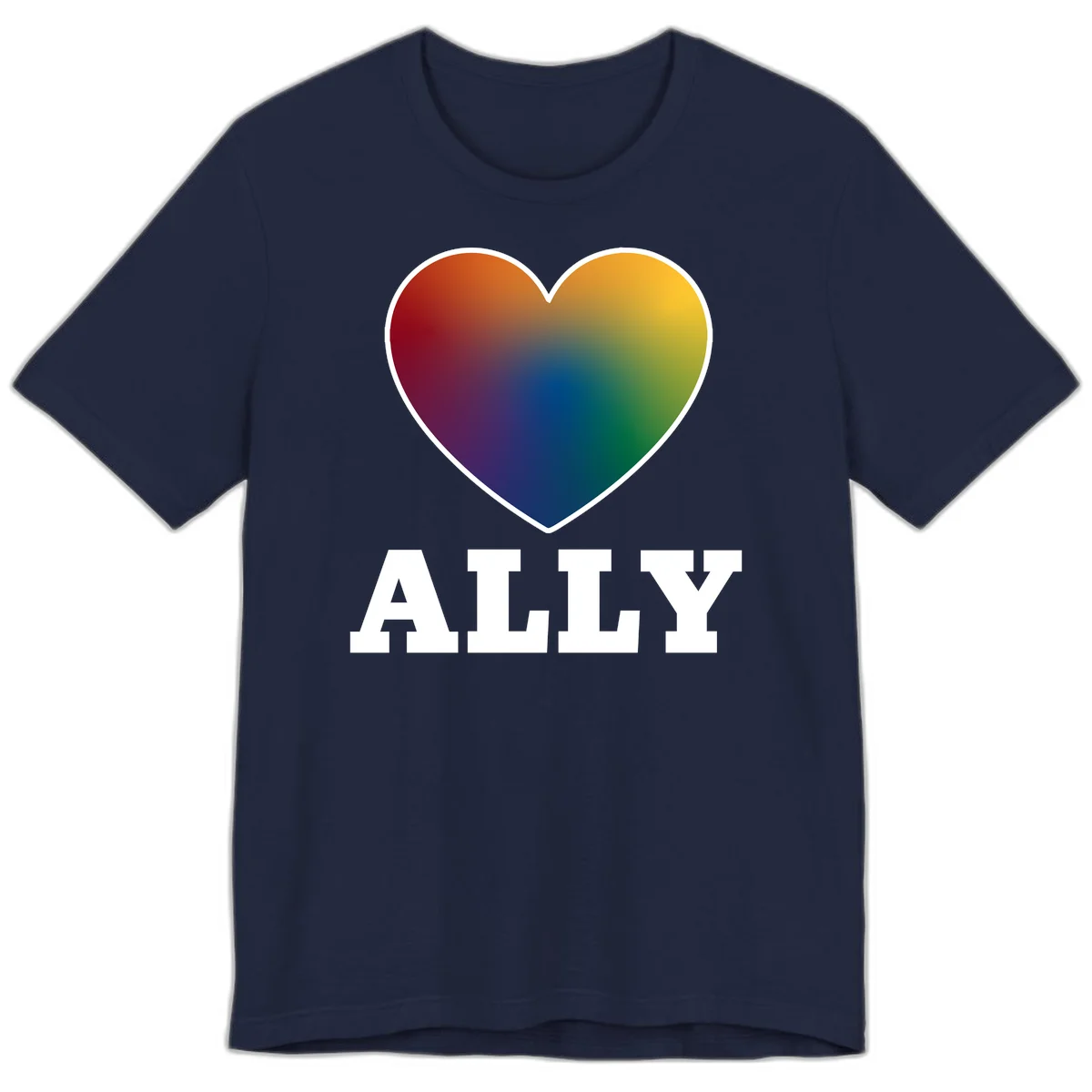 Ally rainbow heart pride design featuring a gradient heart transitioning through rainbow colors with white border and ALLY text in Navy