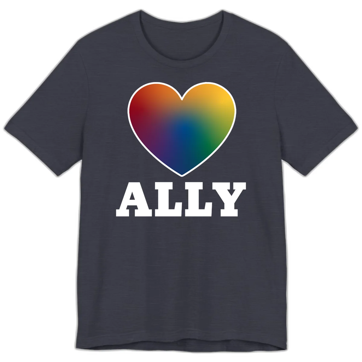 Ally rainbow heart pride design featuring a gradient heart transitioning through rainbow colors with white border and ALLY text in Heather Midnight Navy